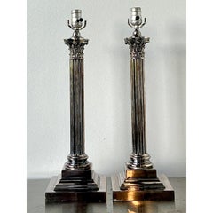 Vintage Stamped English Silver Corinthian Column Candlestick Lamps - A Pair