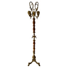 Vintage Standing Coat Rack, Wood and Gilt Brass, 1960s–1970s