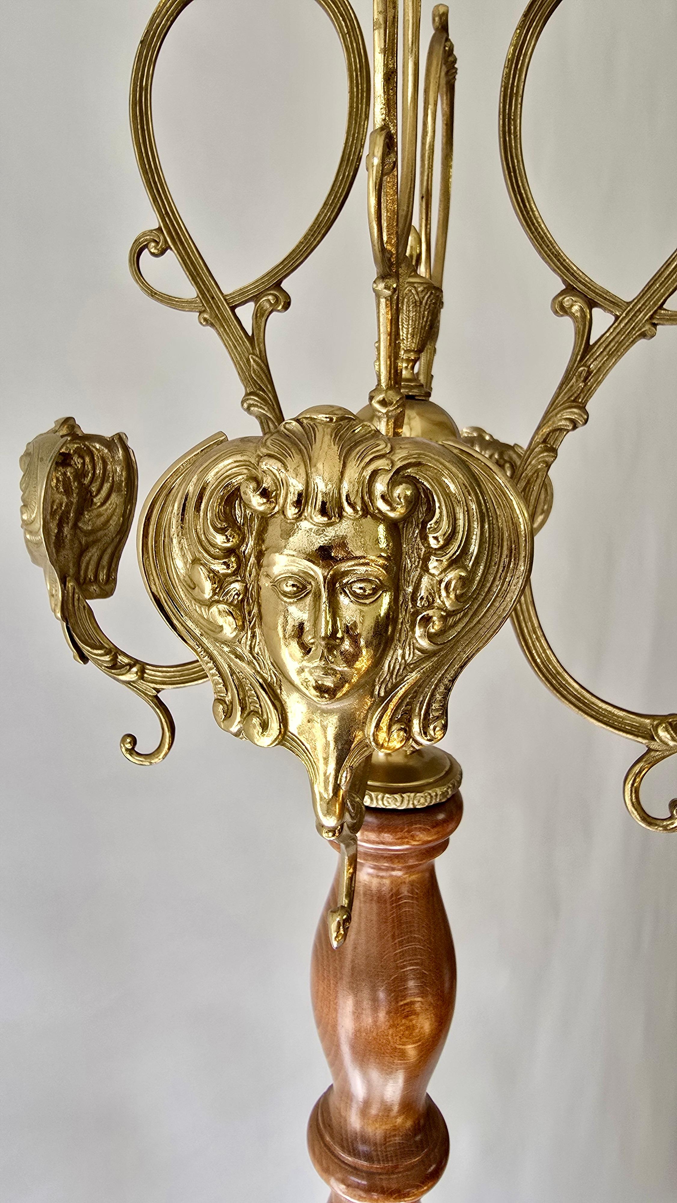 French Vintage Standing Coat Rack, Wood and Gilt Brass, 1960s–1970s For Sale