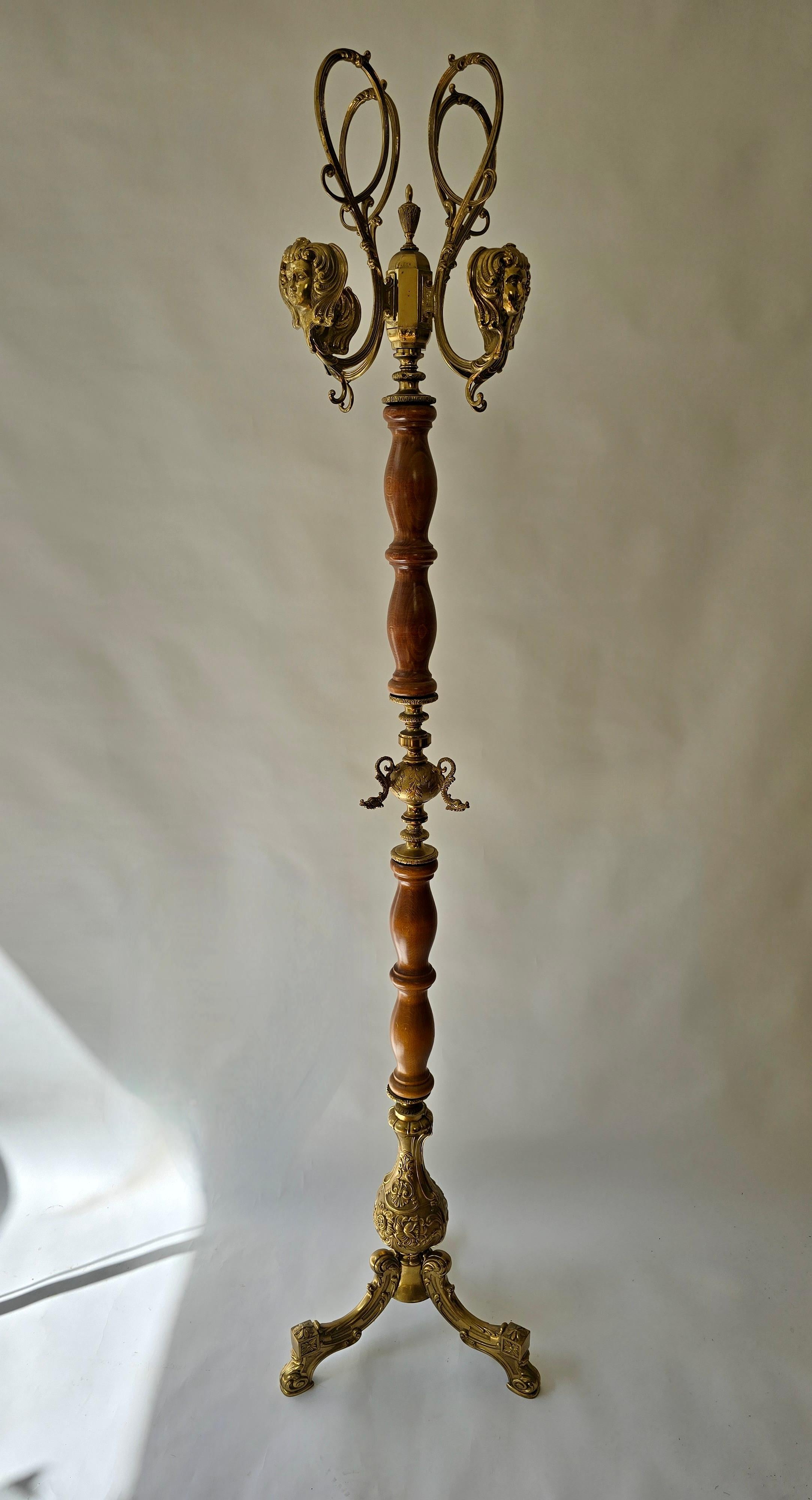 Vintage Standing Coat Rack, Wood and Gilt Brass, 1960s–1970s For Sale 1