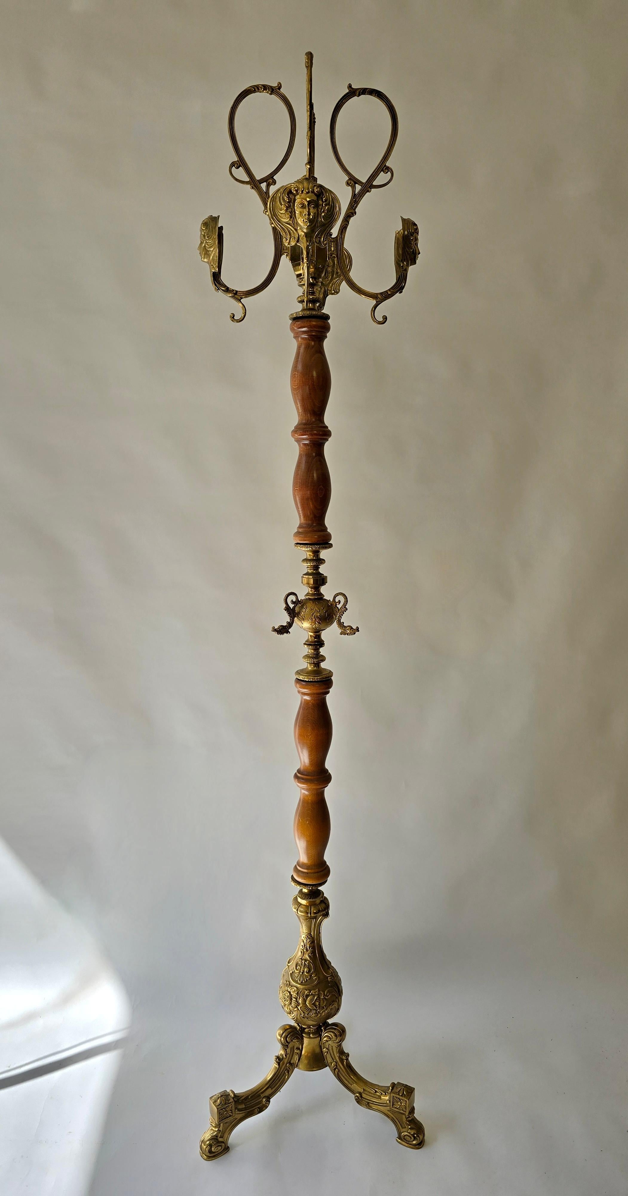 Vintage Standing Coat Rack, Wood and Gilt Brass, 1960s–1970s For Sale 2