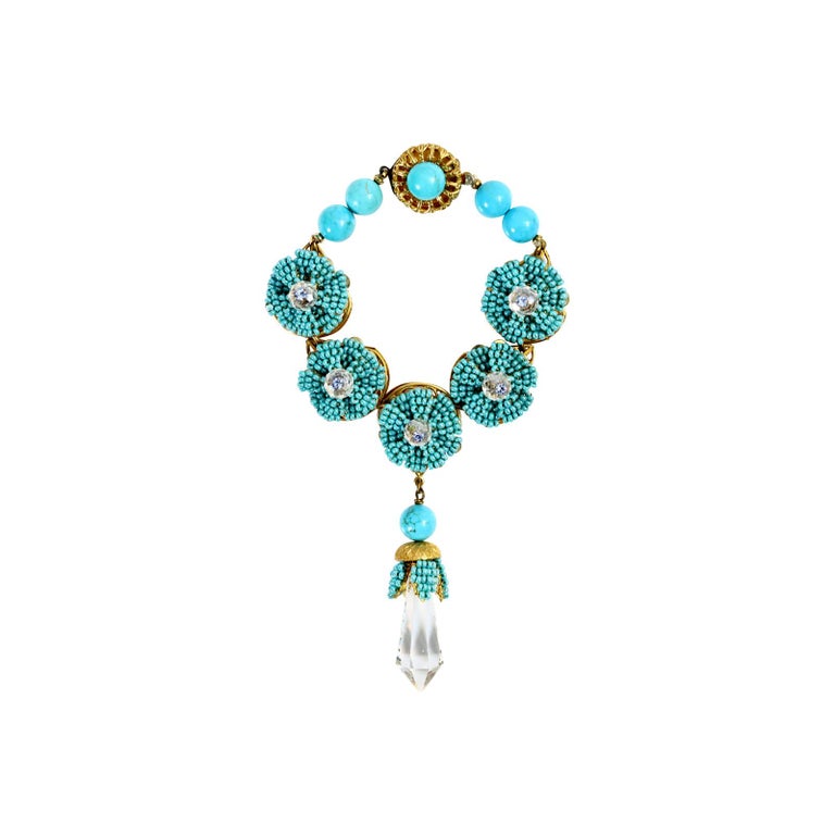 Women's or Men's Vintage Stanley Hagler Faux Turquoise Dangling Crystal Bracelet Circa 1960s For Sale