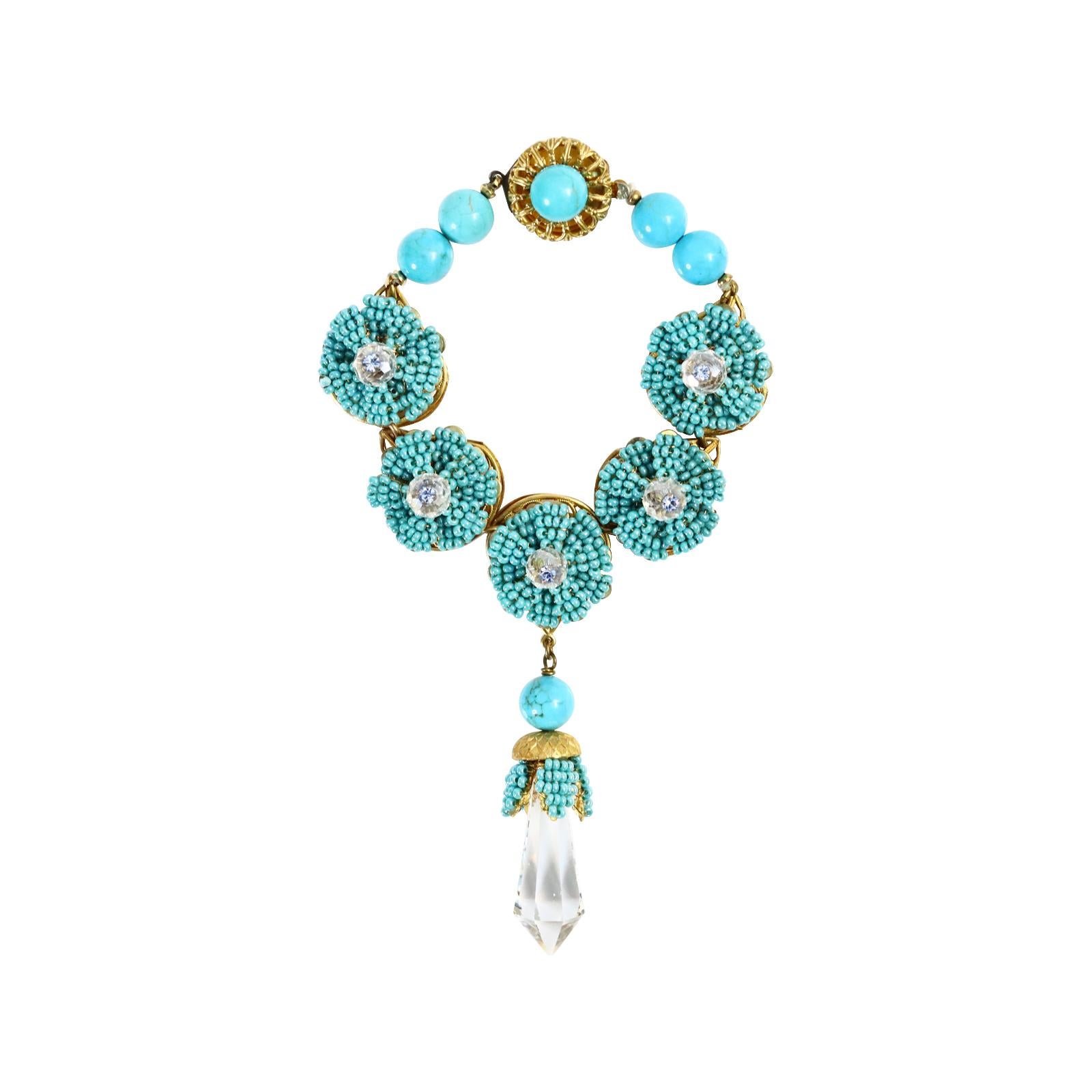 Modern Vintage Stanley Hagler Faux Turquoise Dangling Crystal Bracelet Circa 1960s For Sale