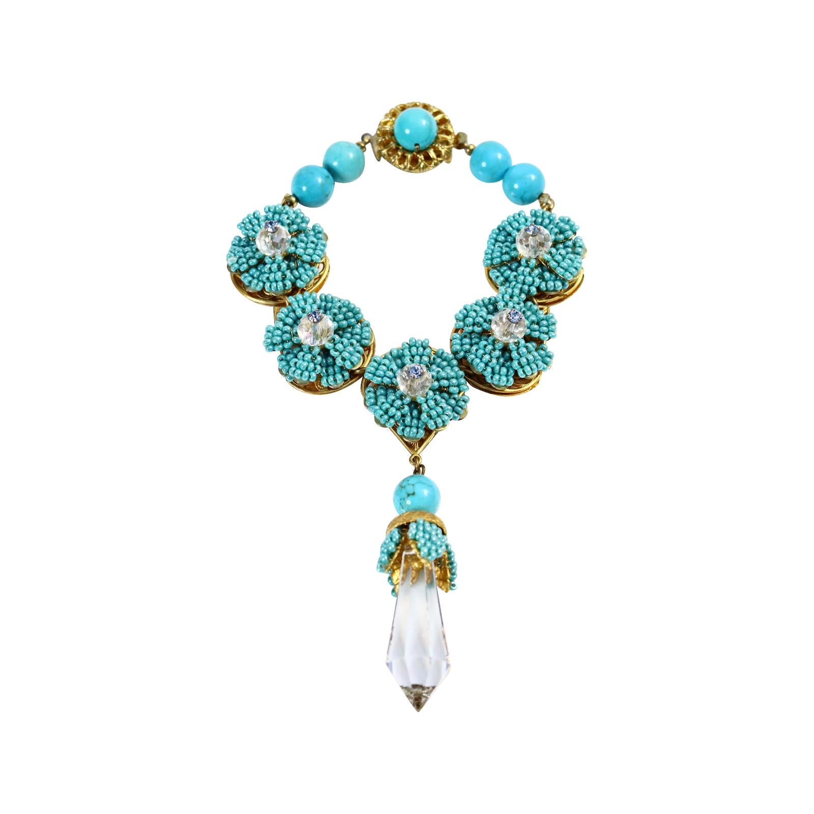 Vintage Stanley Hagler Faux Turquoise Dangling Crystal Bracelet Circa 1960s In Good Condition For Sale In New York, NY