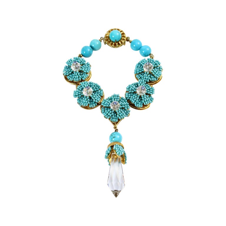 Vintage Stanley Hagler Faux Turquoise Dangling Crystal Bracelet Circa 1960s For Sale 2