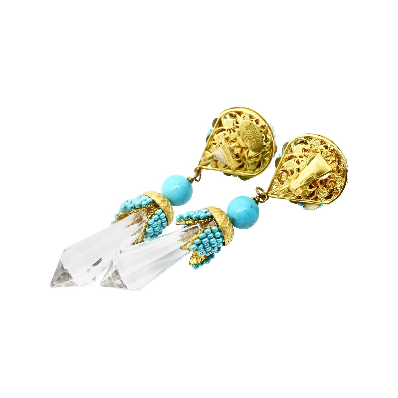 Vintage Stanley Hagler Faux Turquoise Dangling Crystal Earrings Circa 1960s For Sale 2