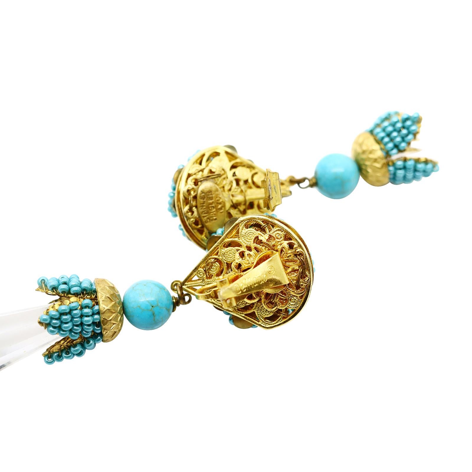 Vintage Stanley Hagler Faux Turquoise Dangling Crystal Earrings Circa 1960s For Sale 3