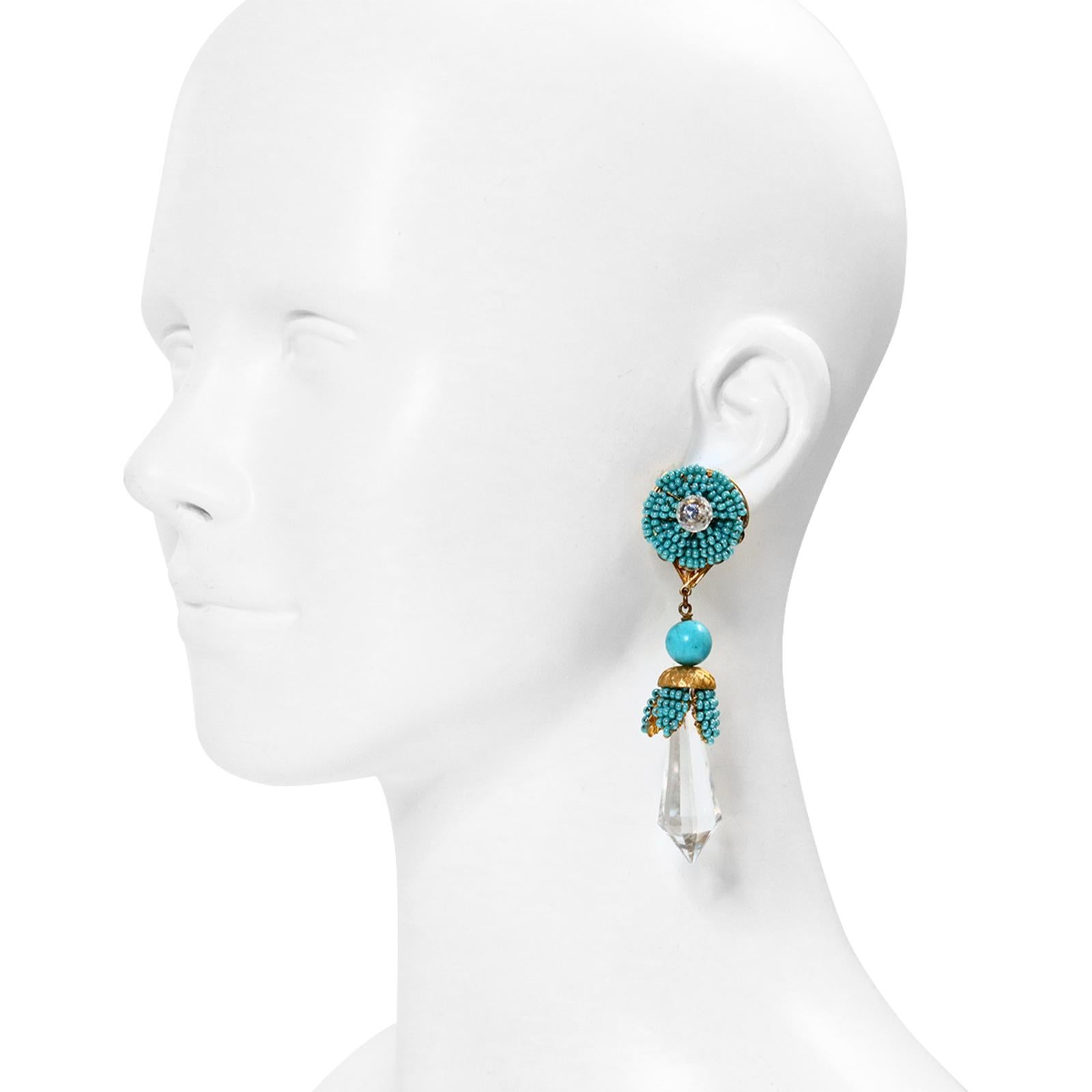 Vintage Stanley Hagler Faux Turquoise and Dangling Crystal Piece Earrings Circa 1960s. Such a wonderful piece from this era and even lovely mixed with real. This is set on Gold Tone and even the back is set on a gorgeous decorative flower base. 