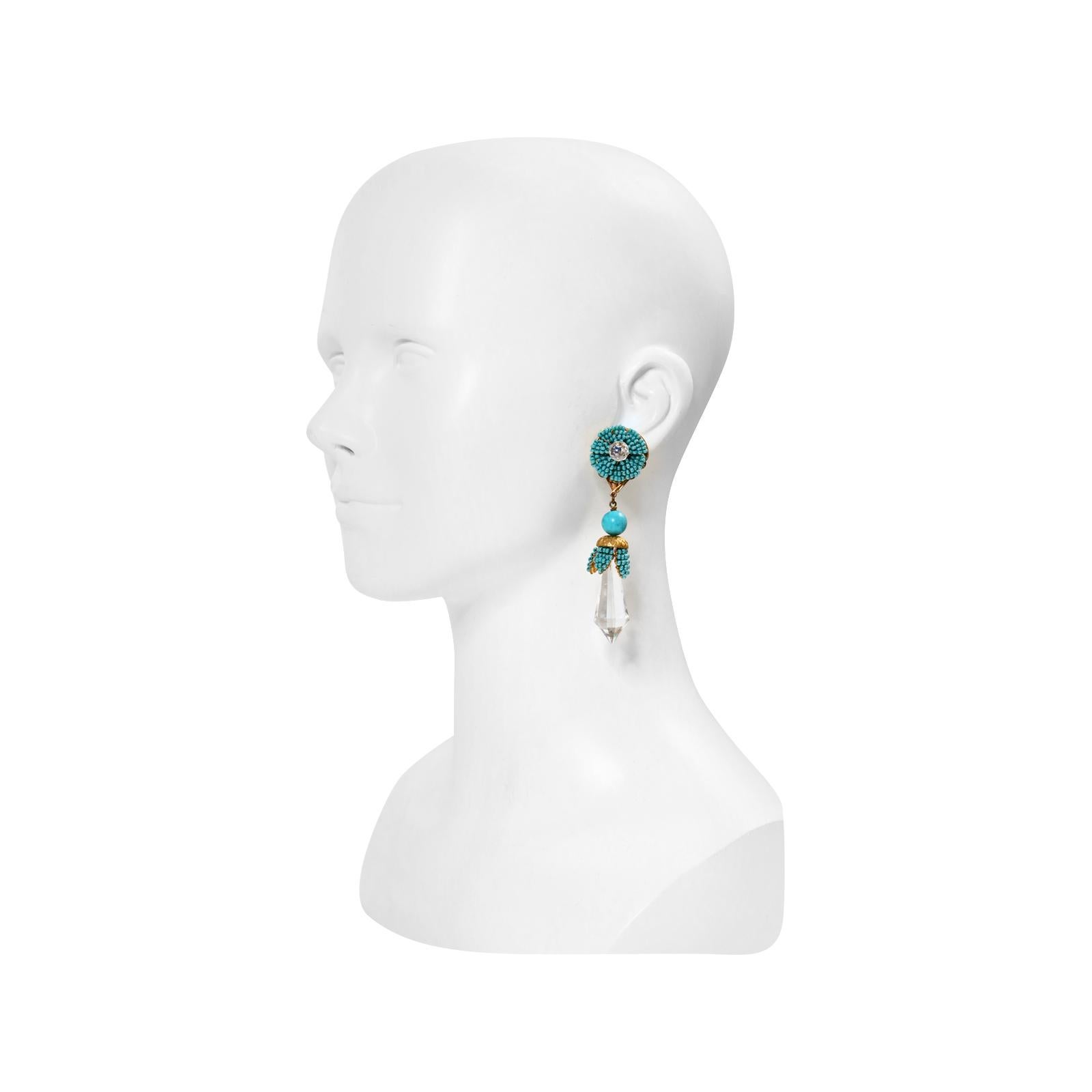 Art déco Stanley Hagler, boucles d'oreilles vintage en cristal et fausse turquoise pendantes, années 1960 en vente