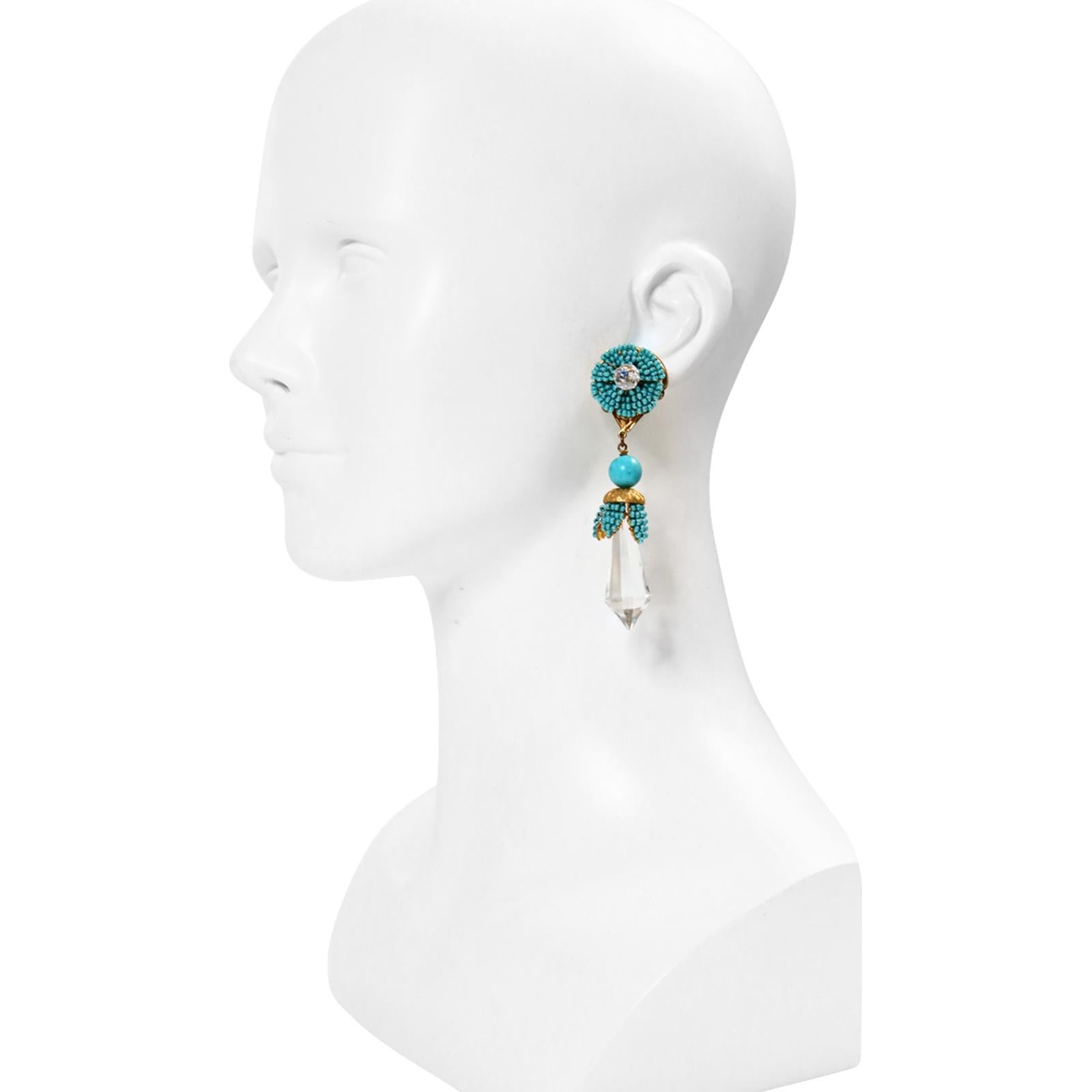 Stanley Hagler, boucles d'oreilles vintage en cristal et fausse turquoise pendantes, années 1960 Bon état - En vente à New York, NY