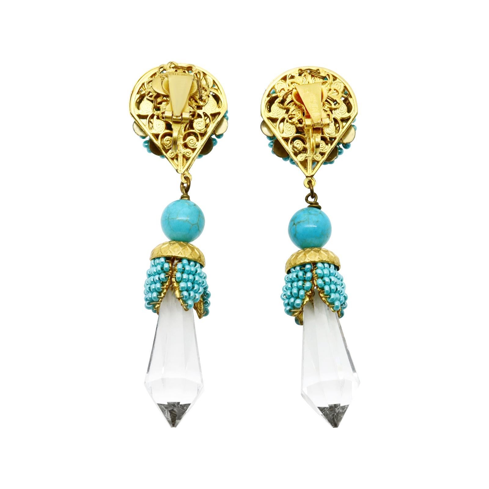 Art Deco Vintage Stanley Hagler Faux Turquoise Dangling Crystal Earrings Circa 1960s For Sale