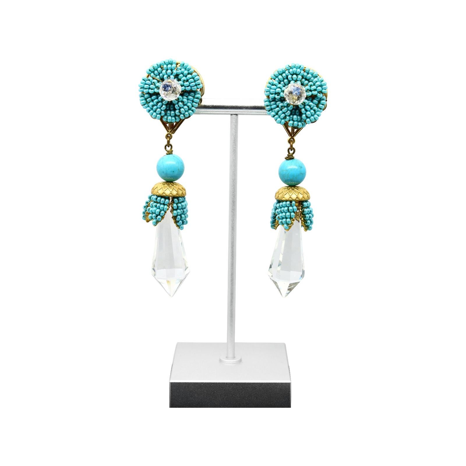 Vintage Stanley Hagler Faux Turquoise Dangling Crystal Earrings Circa 1960s In Good Condition For Sale In New York, NY