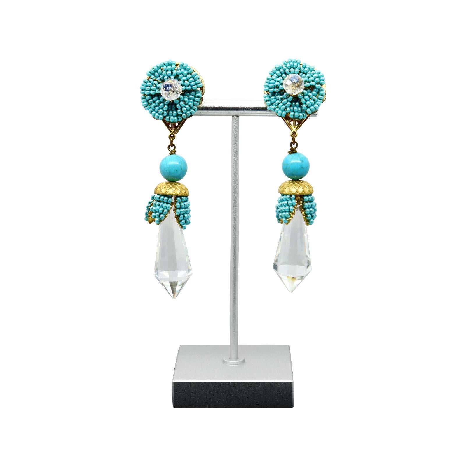 Women's or Men's Vintage Stanley Hagler Faux Turquoise Dangling Crystal Earrings Circa 1960s For Sale