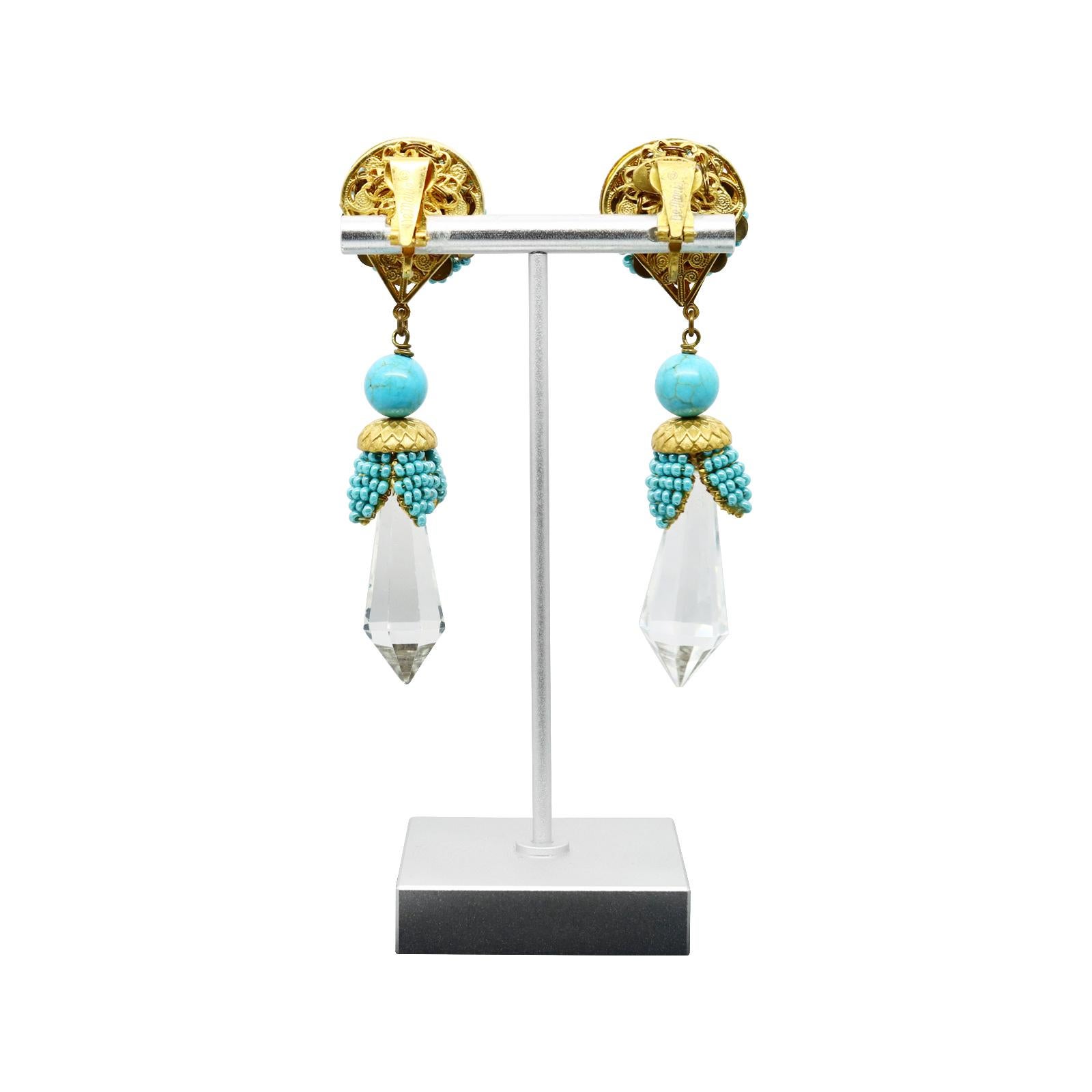 Vintage Stanley Hagler Faux Turquoise Dangling Crystal Earrings Circa 1960s For Sale 1