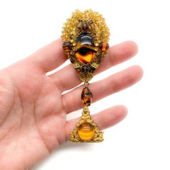 Vintage Stanley Hagler Gold & Amber Art Glass Drop Brooch 1980s