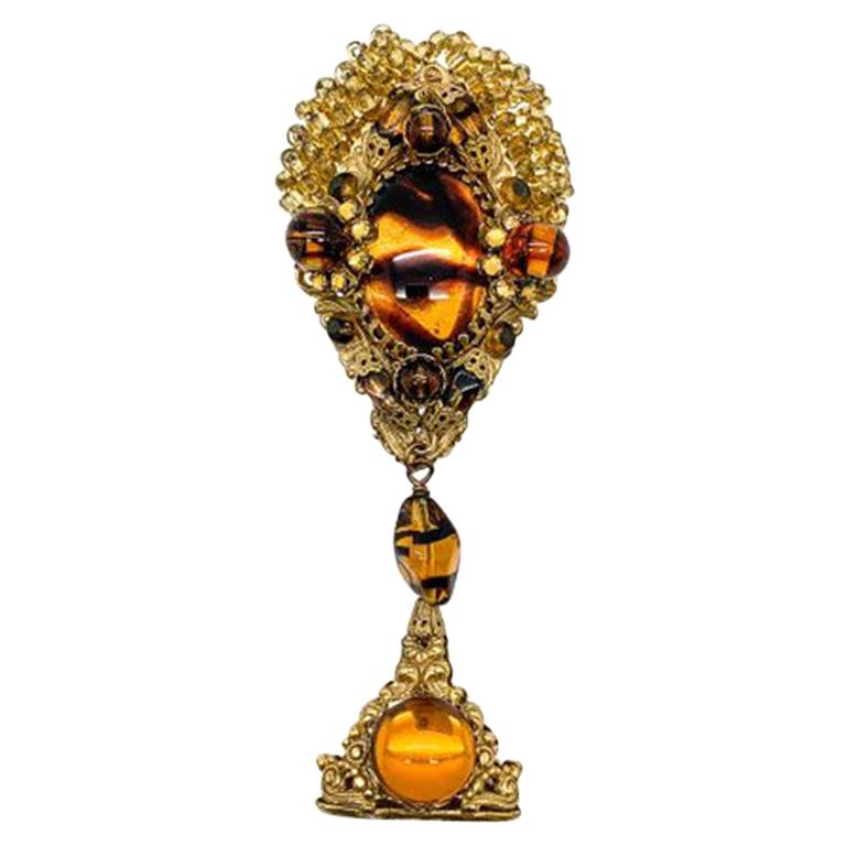 Vintage Stanley Hagler Gold & Amber Art Glass Drop Brooch 1980s For Sale
