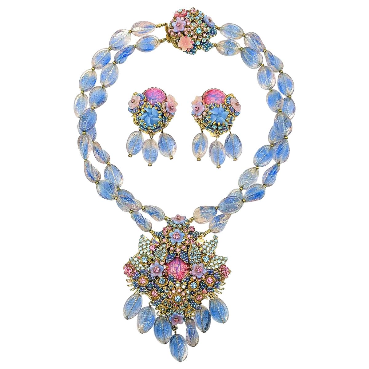Vintage Stanley Hagler NYC Pink & Purples Bead Necklace & Droplet Earrings 1980s
