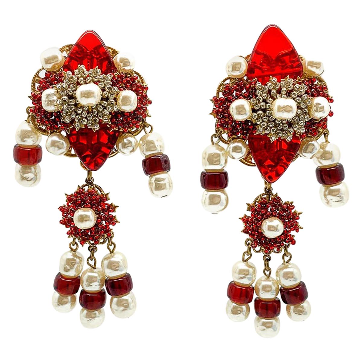 Vintage Stanley Hagler Red Glass & Pearl Shoulder Duster Earrings 1980s For Sale