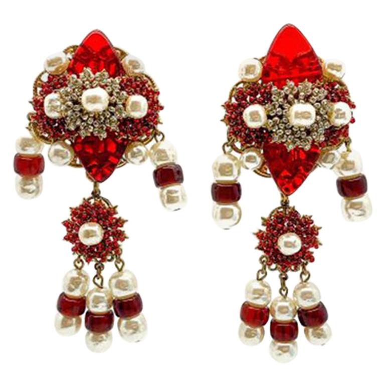 Vintage Stanley Hagler Red Glass & Pearl Shoulder Duster Earrings 1980S For Sale