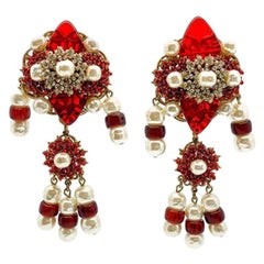 Antique Stanley Hagler Red Glass & Pearl Shoulder Duster Earrings 1980S