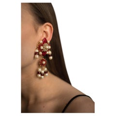 Vintage Stanley Hagler Statement Glass & Pearl Shoulder Duster Earrings 1980s