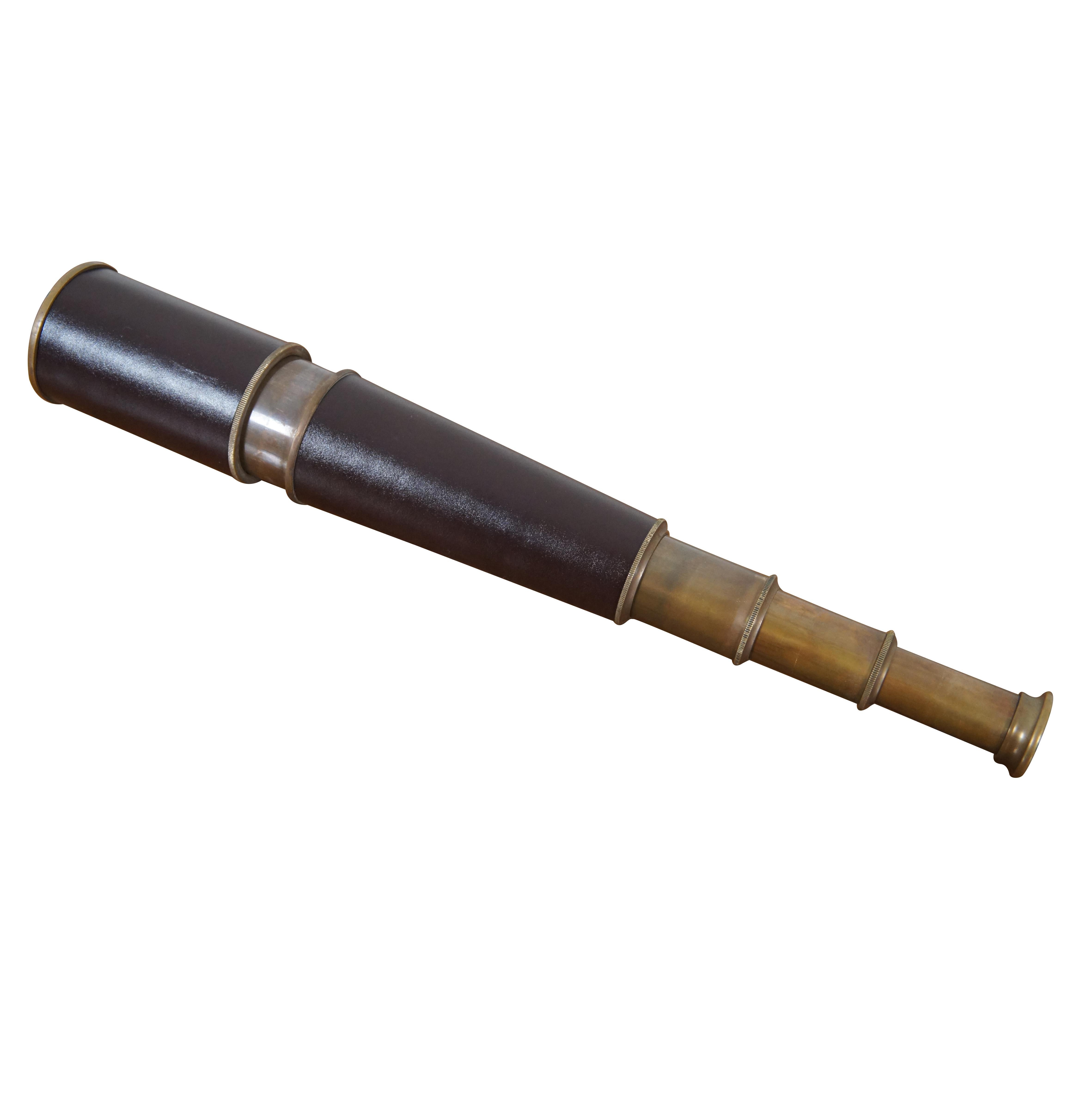 Vintage Stanley London nautical maritime collapsible brass ships telescope / spyglass with brown leather sheathing.

Closed - 2.75” x 11.25” / Length Open – 35” (Diameter x Height).