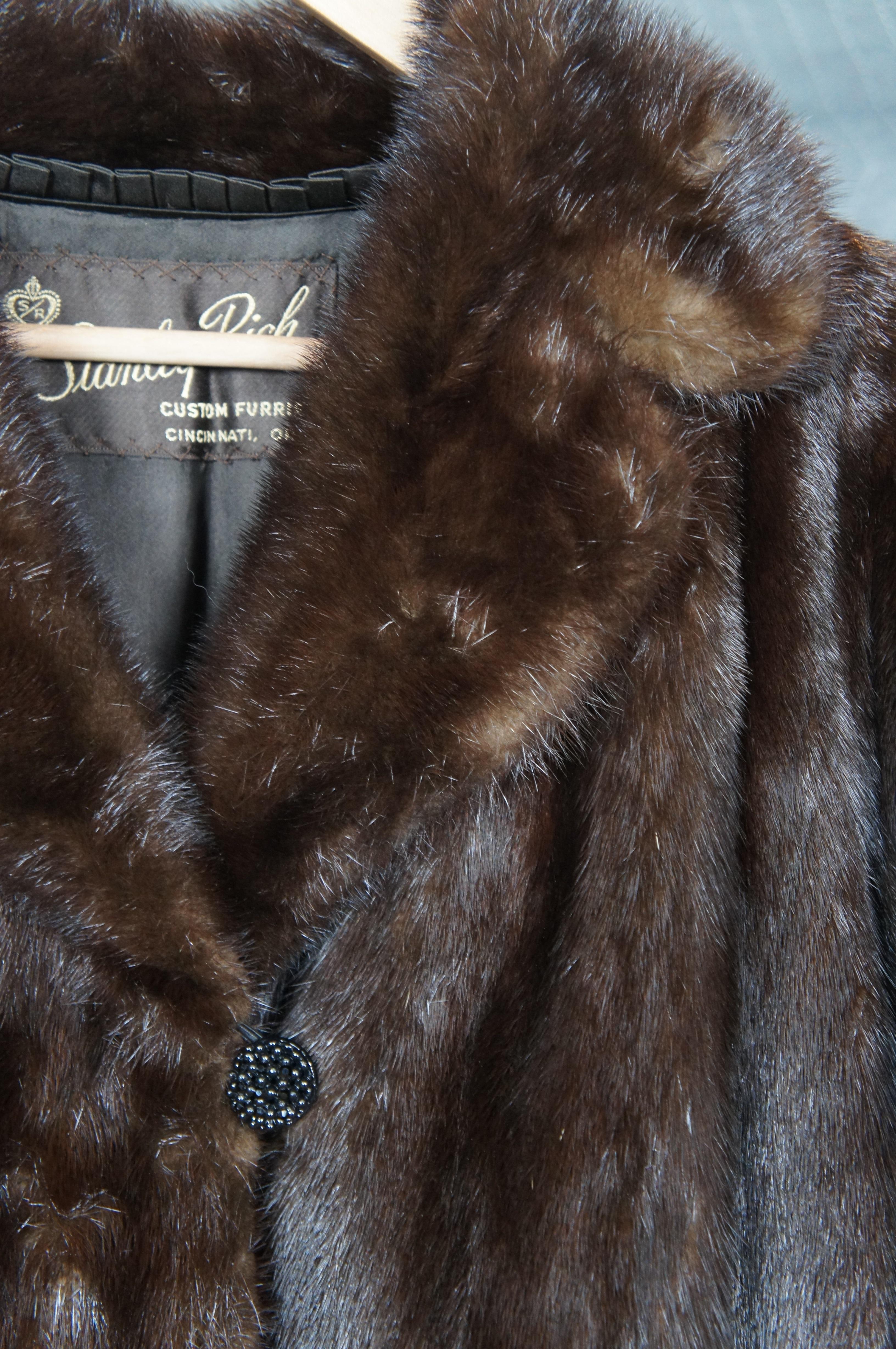 Mid-Century Modern Vintage Stanley Rich Dark Brown Full Length Mink Fur Coat Rhinestone Button Belt For Sale