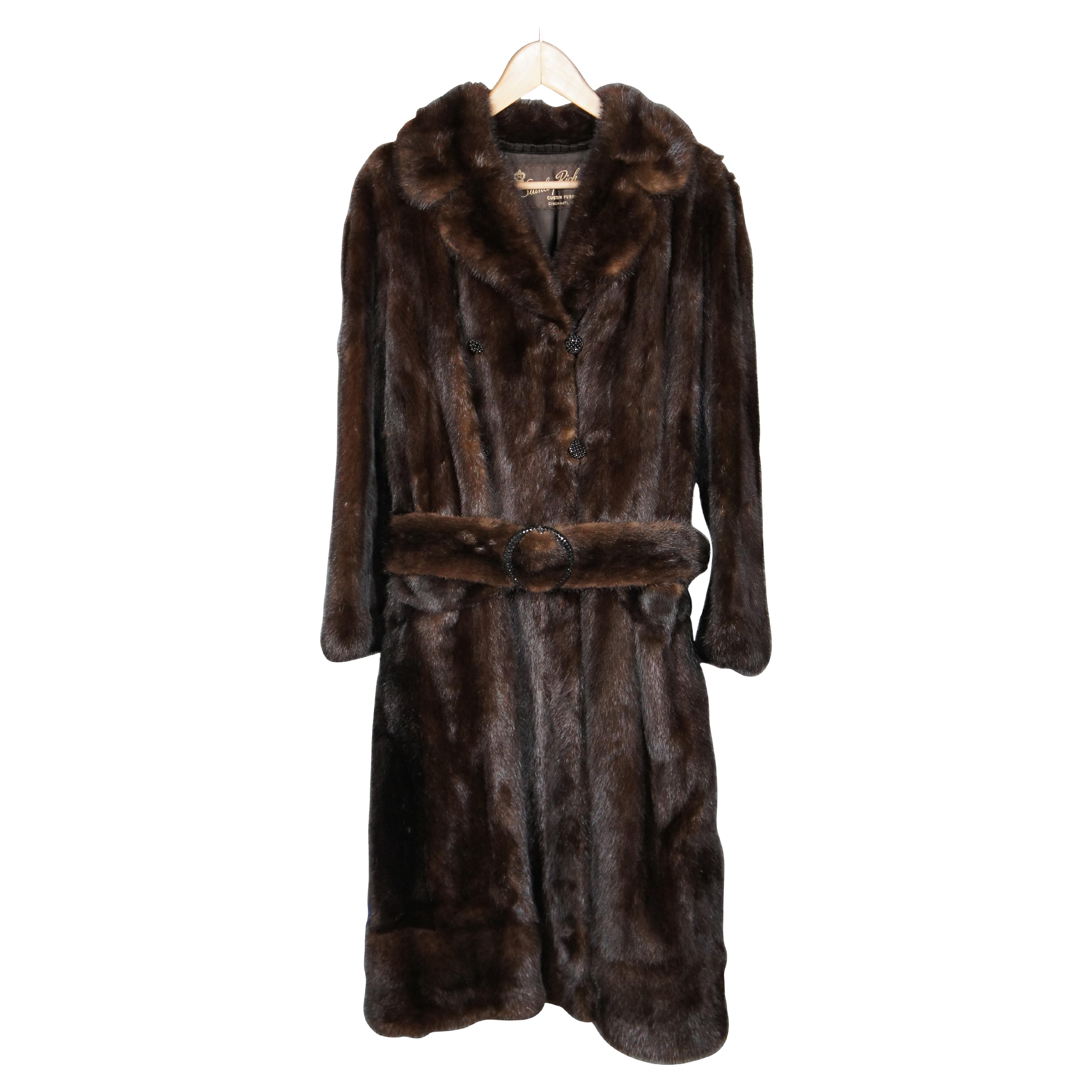Vintage Stanley Rich Dark Brown Full Length Mink Fur Coat Rhinestone Button Belt For Sale
