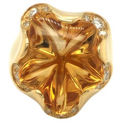 Bague vintage en or jaune 18 carats avec citrine étoilée et diamants