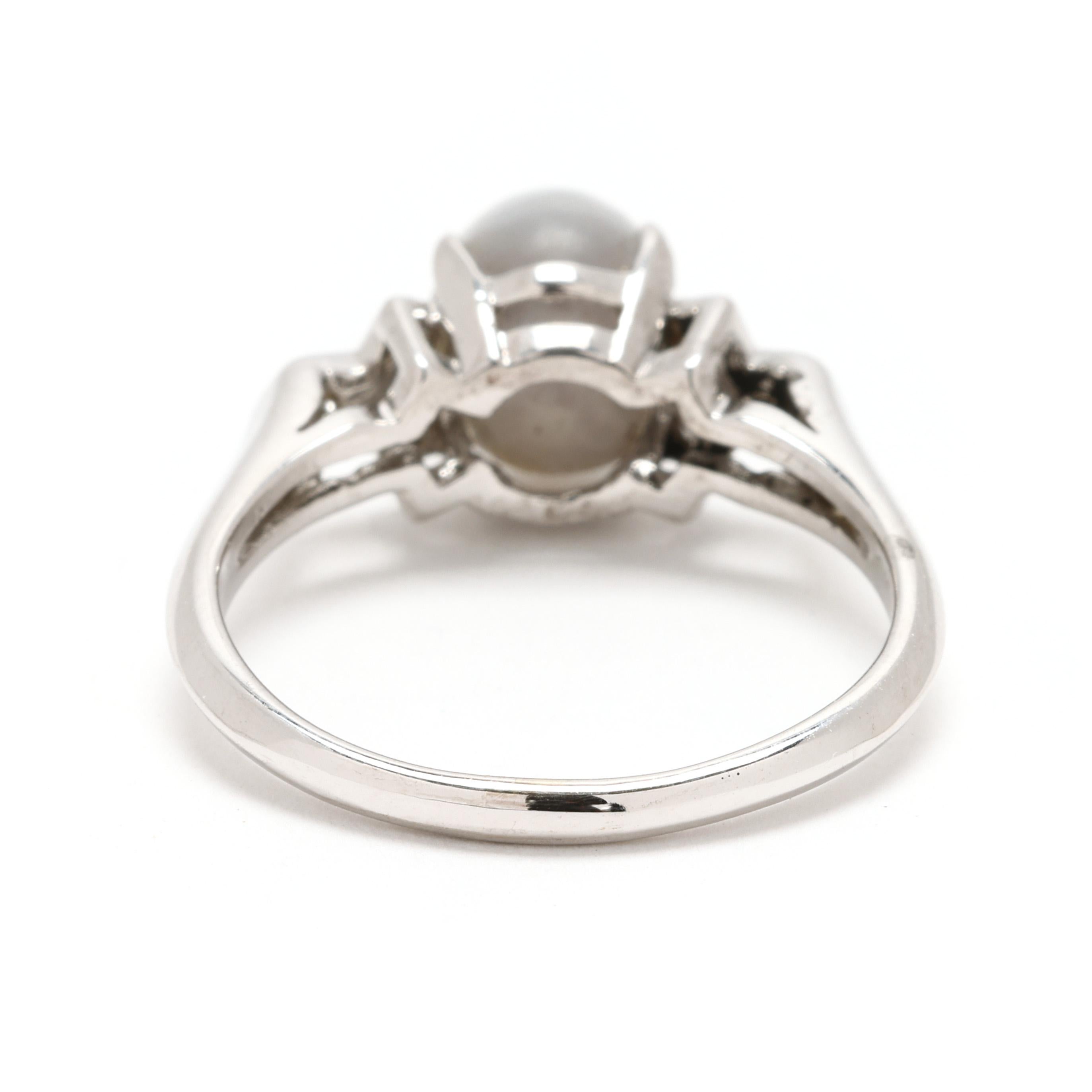 Oval Cut Vintage Star Sapphire and Diamond Ring, 14k White Gold, Ring Size 7.25