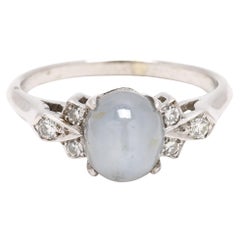 Vintage Star Sapphire and Diamond Ring, 14k White Gold, Ring Size 7.25