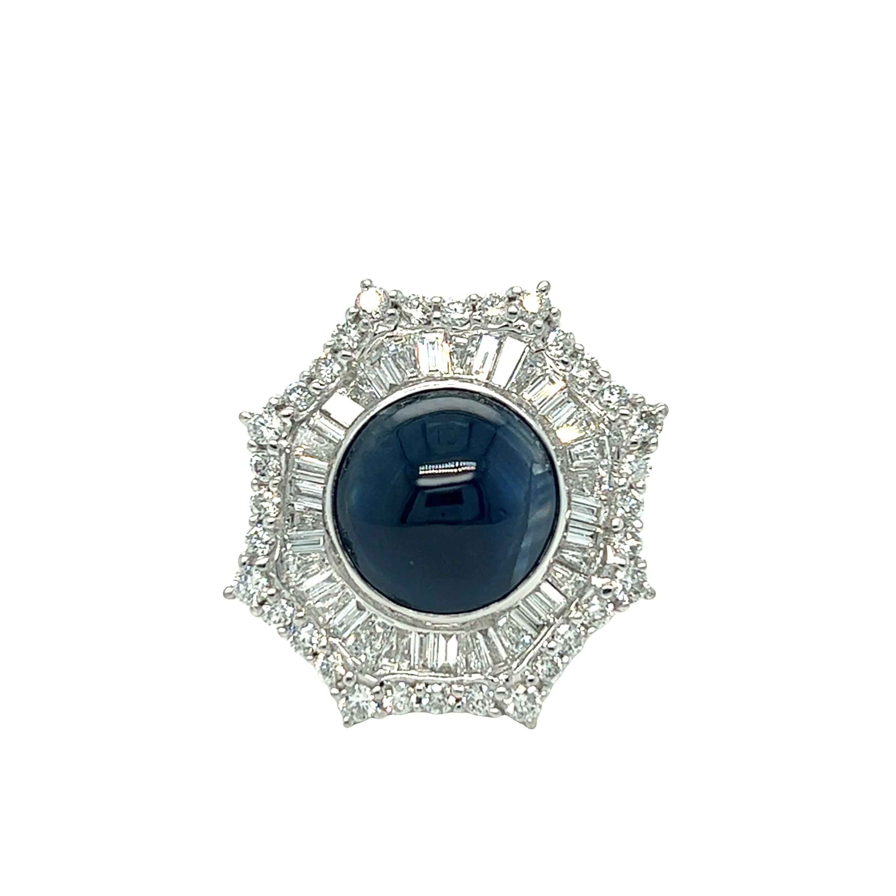 Art Deco Vintage Starburst Cabochon Sapphire and Diamond Ring For Sale