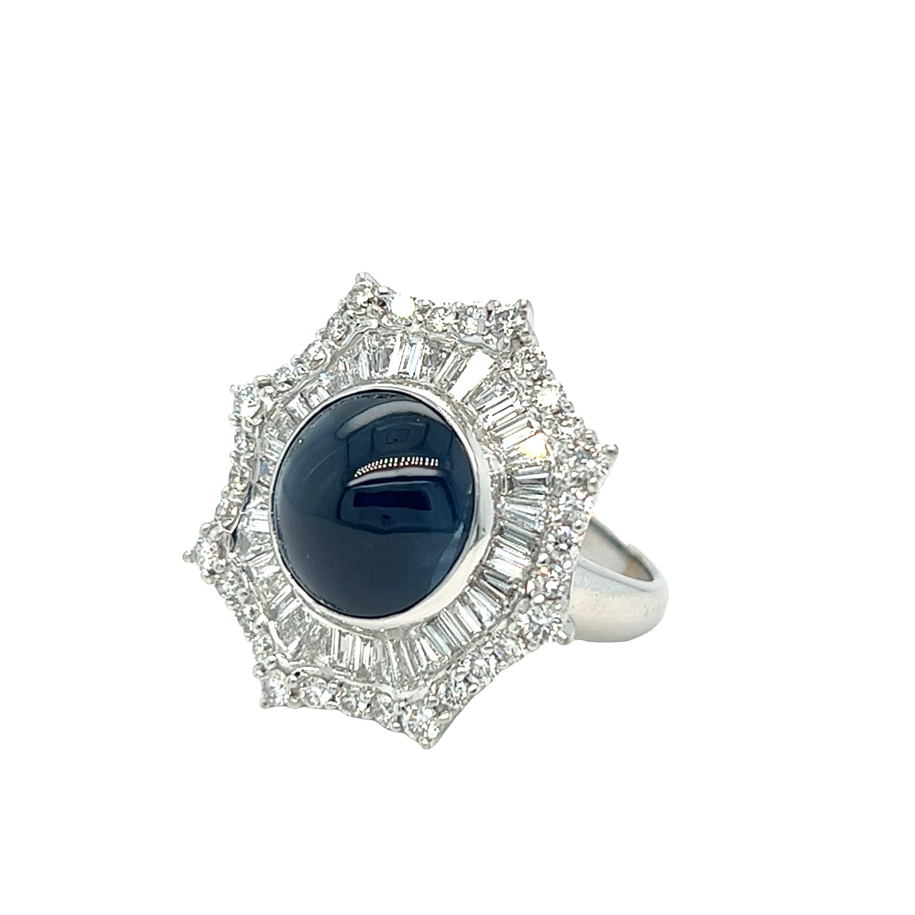 Vintage Starburst Cabochon Sapphire and Diamond Ring In Excellent Condition For Sale In beverly hills, CA