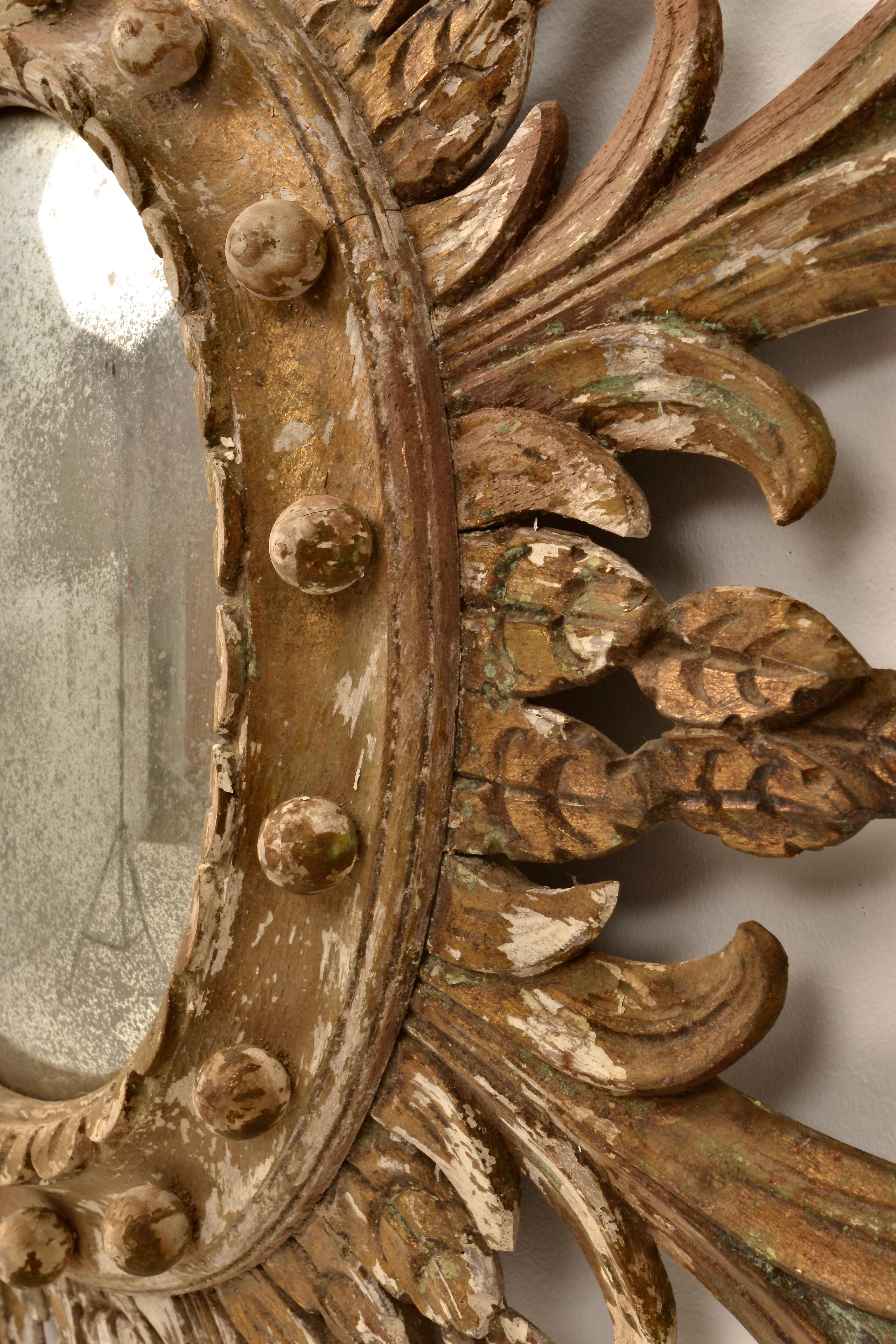 Hand-Carved Vintage Starburst Mirror with Bull's Eye Mirror