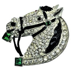 Vintage Staret pony head brooch in horseshoe, rhinestones, 1930s USA