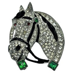 Vintage Staret pony head brooch in horseshoe, rhinestones, 1930s USA 