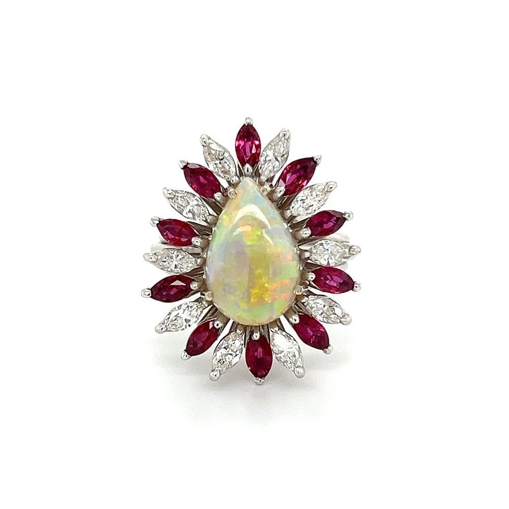 Mixed Cut Vintage Statement 3.00 Carat Pear Opal Marquise Diamond and Ruby Platinum Ring For Sale