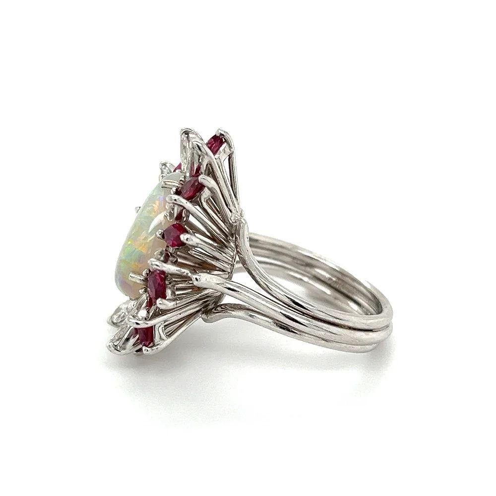 Women's Vintage Statement 3.00 Carat Pear Opal Marquise Diamond and Ruby Platinum Ring For Sale