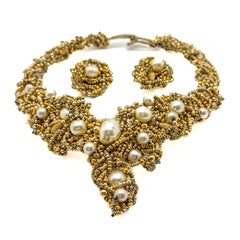 Vintage Statement Beaded Pearl Collar & Earring Set 1970s