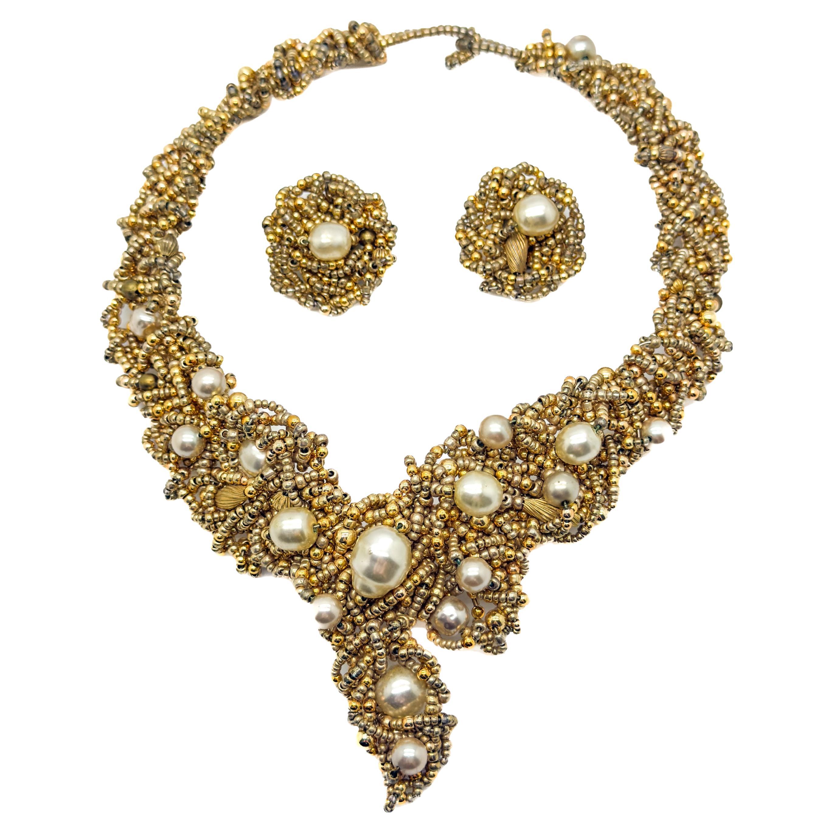 Vintage Statement Beaded Pearl Collar 
Earring Set 1970s