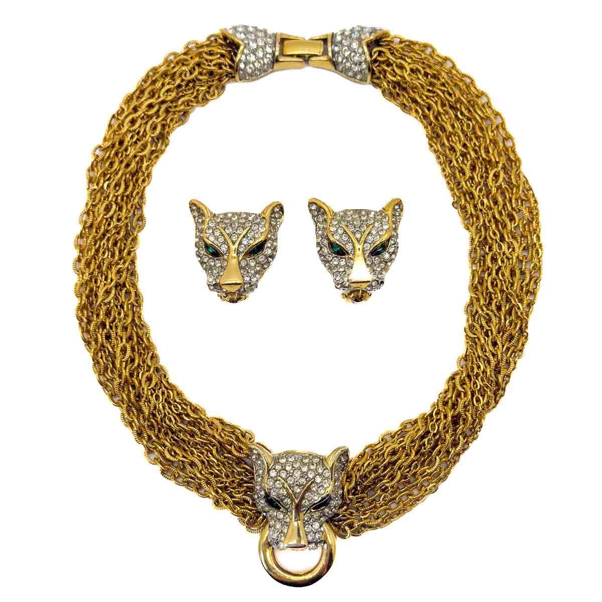 Collar y pendientes vintage de cadena de gran gato años 80 en venta 5