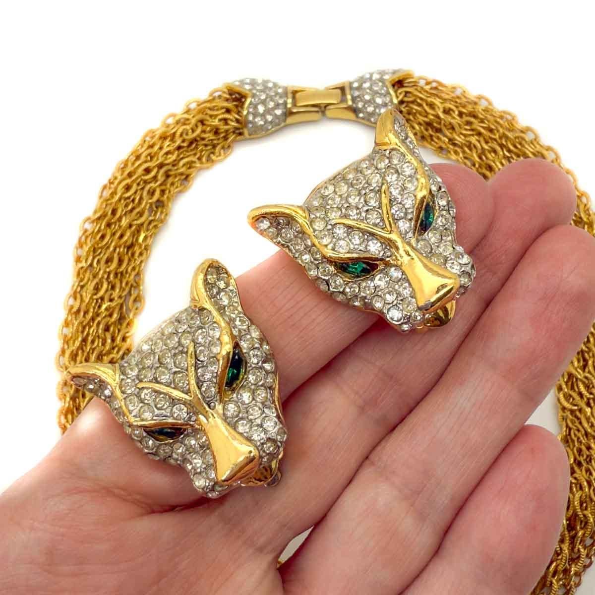 Collar y pendientes vintage de cadena de gran gato años 80 en venta 6