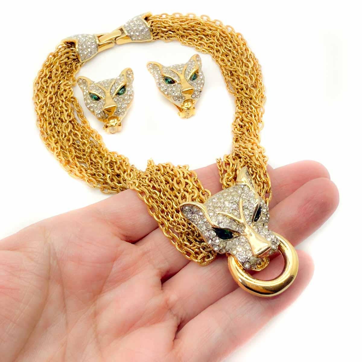 Collar y pendientes vintage de cadena de gran gato años 80 Romántico en venta