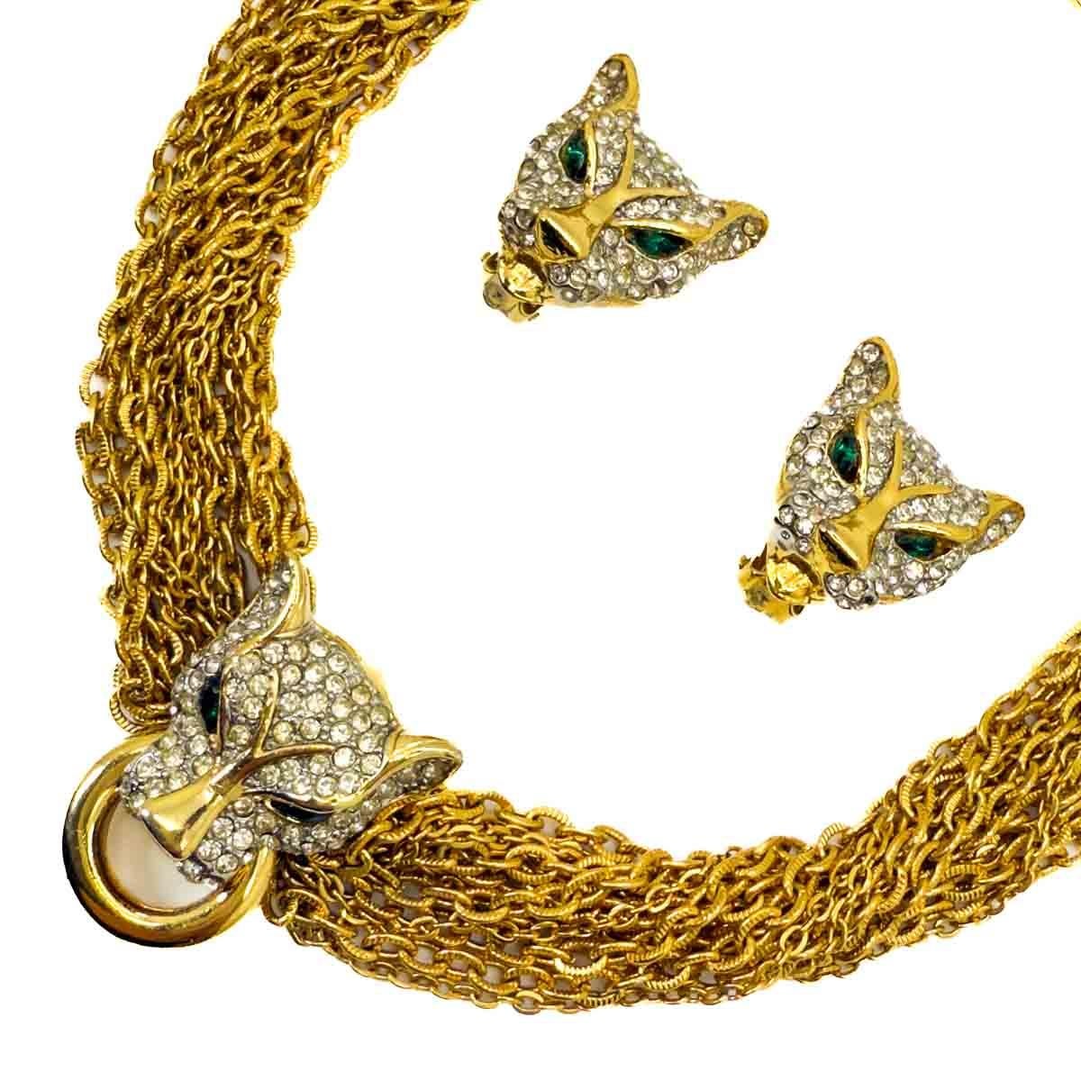Collar y pendientes vintage de cadena de gran gato años 80 en venta 2