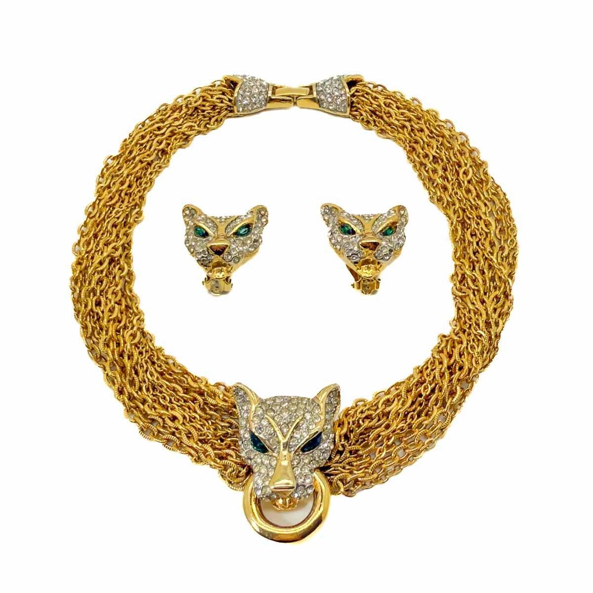 Collar y pendientes vintage de cadena de gran gato años 80 en venta 3