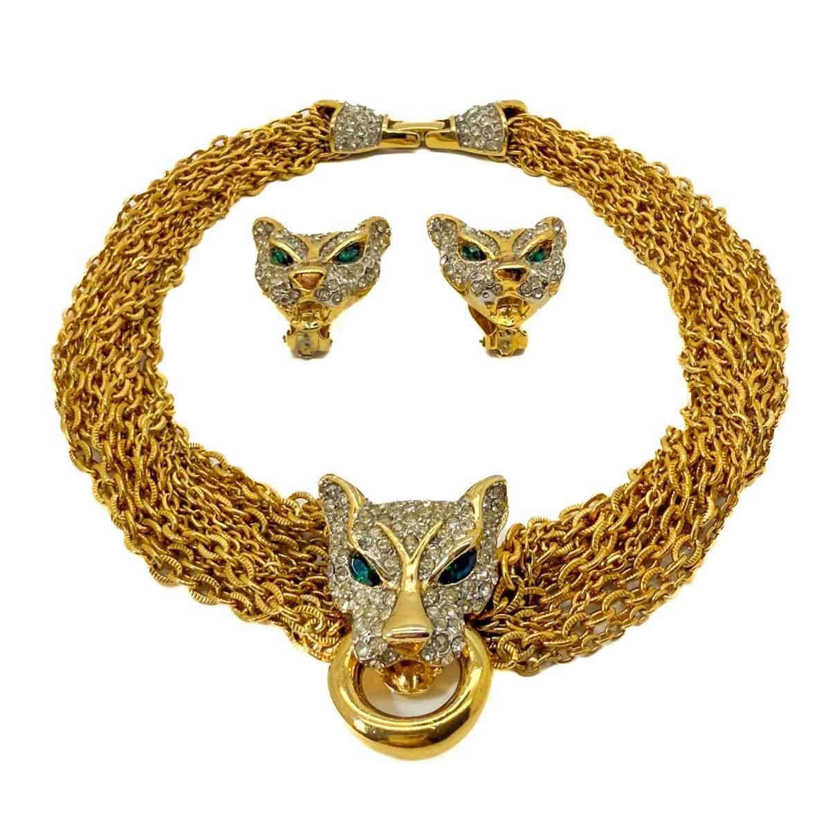 Collar y pendientes vintage de cadena de gran gato años 80 en venta 4