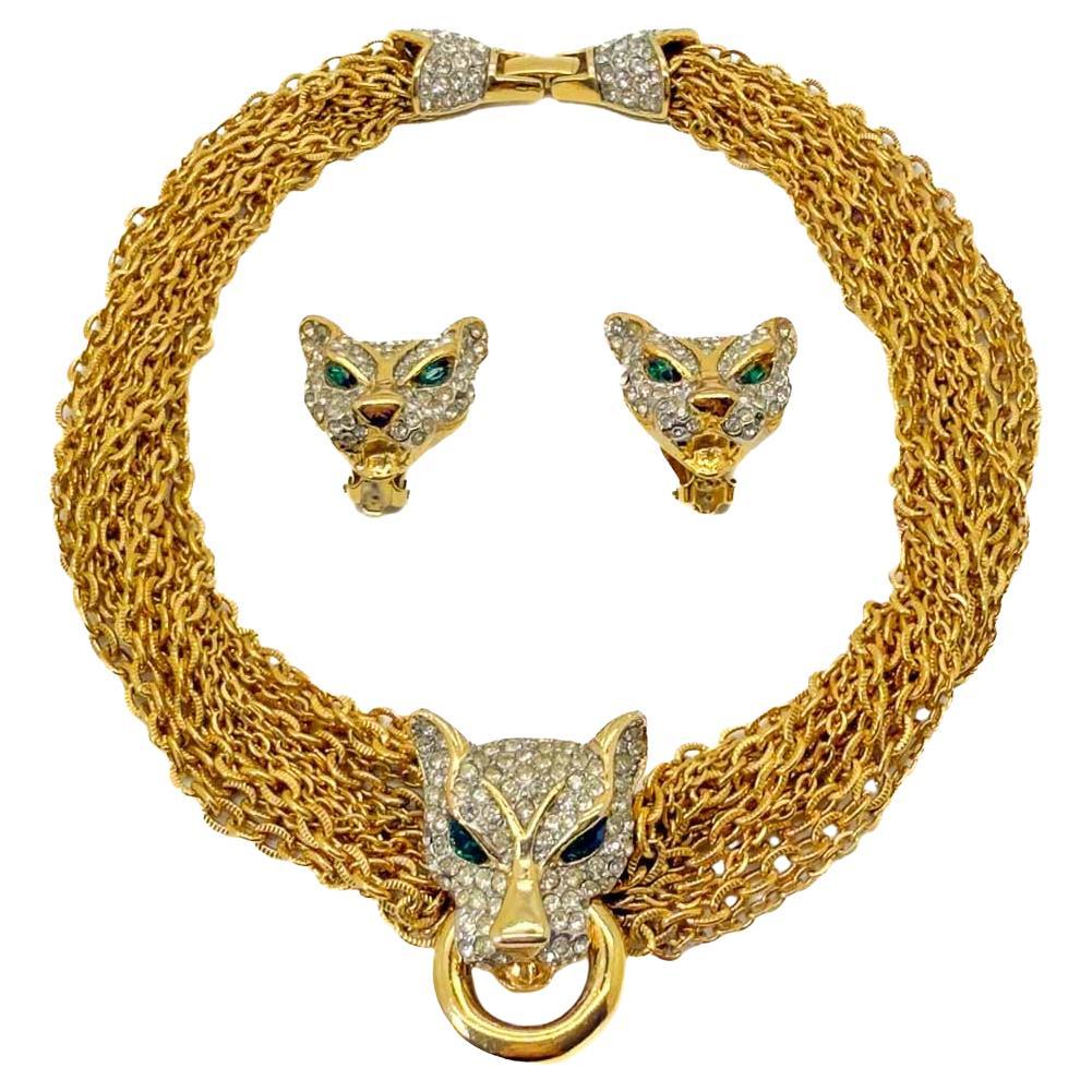 Collar y pendientes vintage de cadena de gran gato años 80 en venta