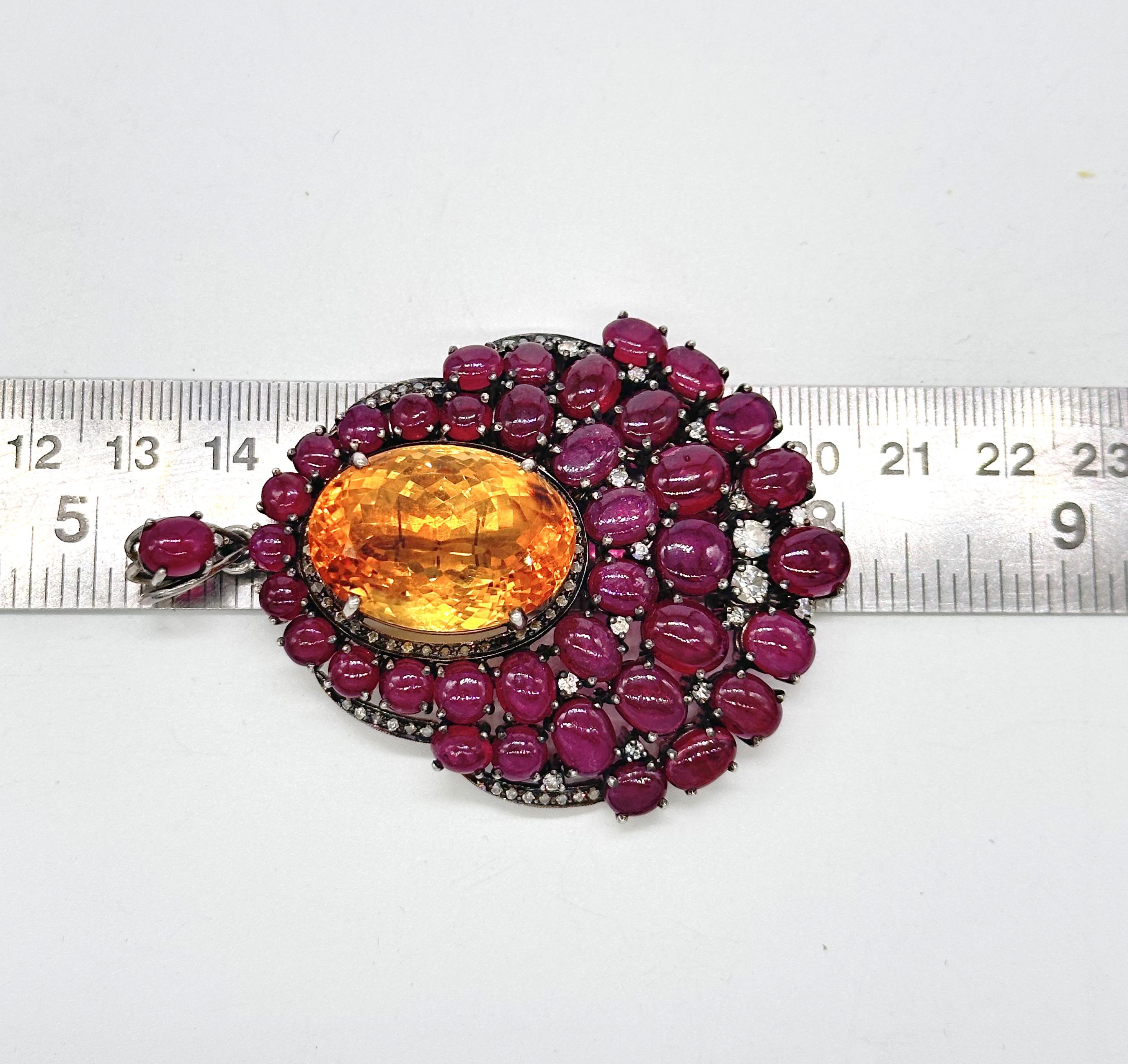 Vintage statement cabochon Ruby citrine brilliant cut diamonds silver Pendentif en vente 4
