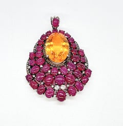 Vintage statement cabochon Ruby citrine brilliant cut diamonds silver Pendant