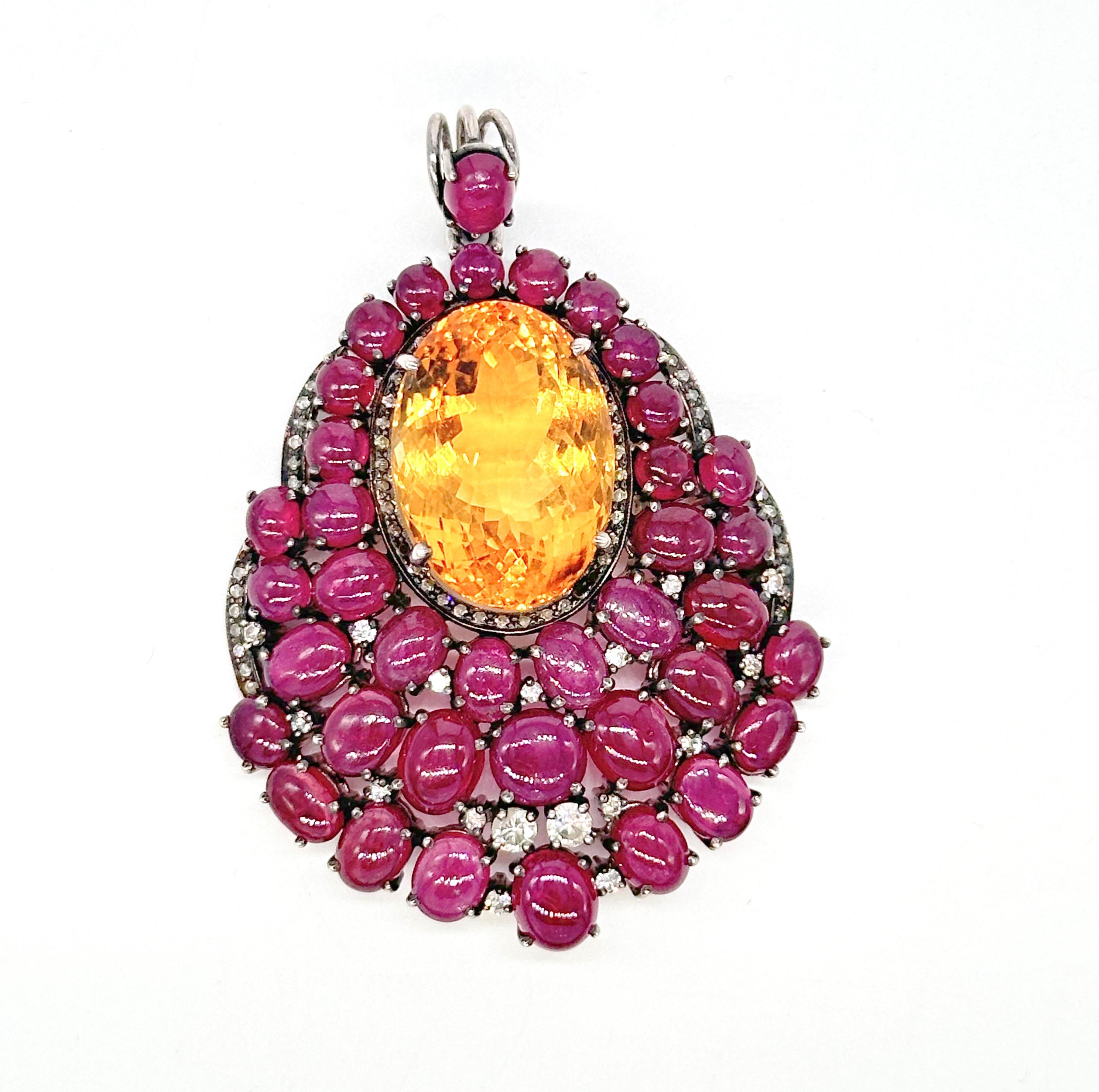Artiste Vintage statement cabochon Ruby citrine brilliant cut diamonds silver Pendentif en vente